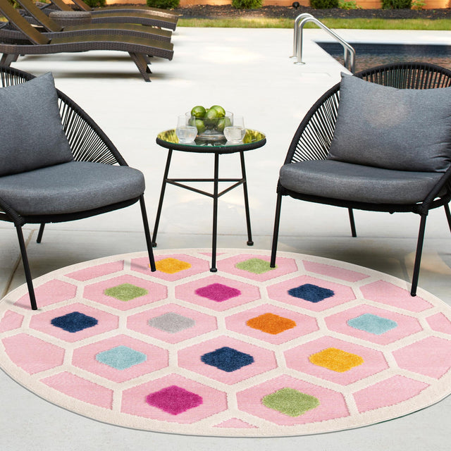 Pink 3' 3 x 3' 3 Aruba Outdoor Round Area Rug Weather Resistant for Patio, Deck, Terrace, Balcony, Porch for Sale at Rug Engine