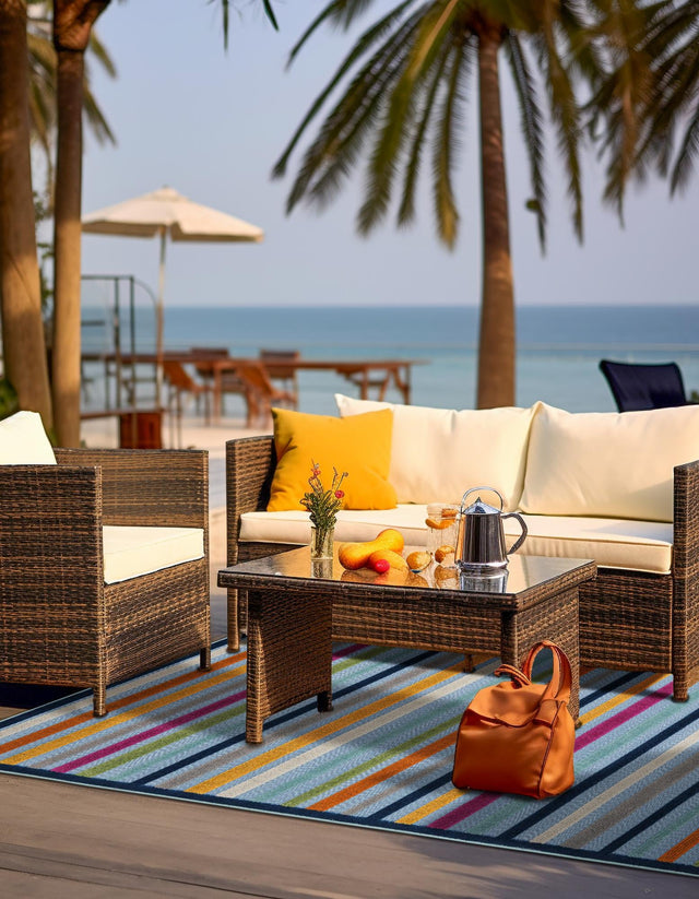 Blue 7' 10 x 10' Aruba Outdoor Rectangle Area Rug Weather Resistant for Patio, Deck, Terrace, Balcony, Porch for Sale at Rug Engine
