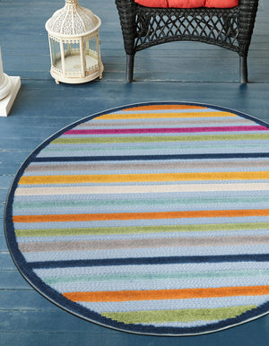 Blue 5' 3 x 5' 3 Aruba Outdoor Round Area Rug Weather Resistant for Patio, Deck, Terrace, Balcony, Porch for Sale at Rug Engine