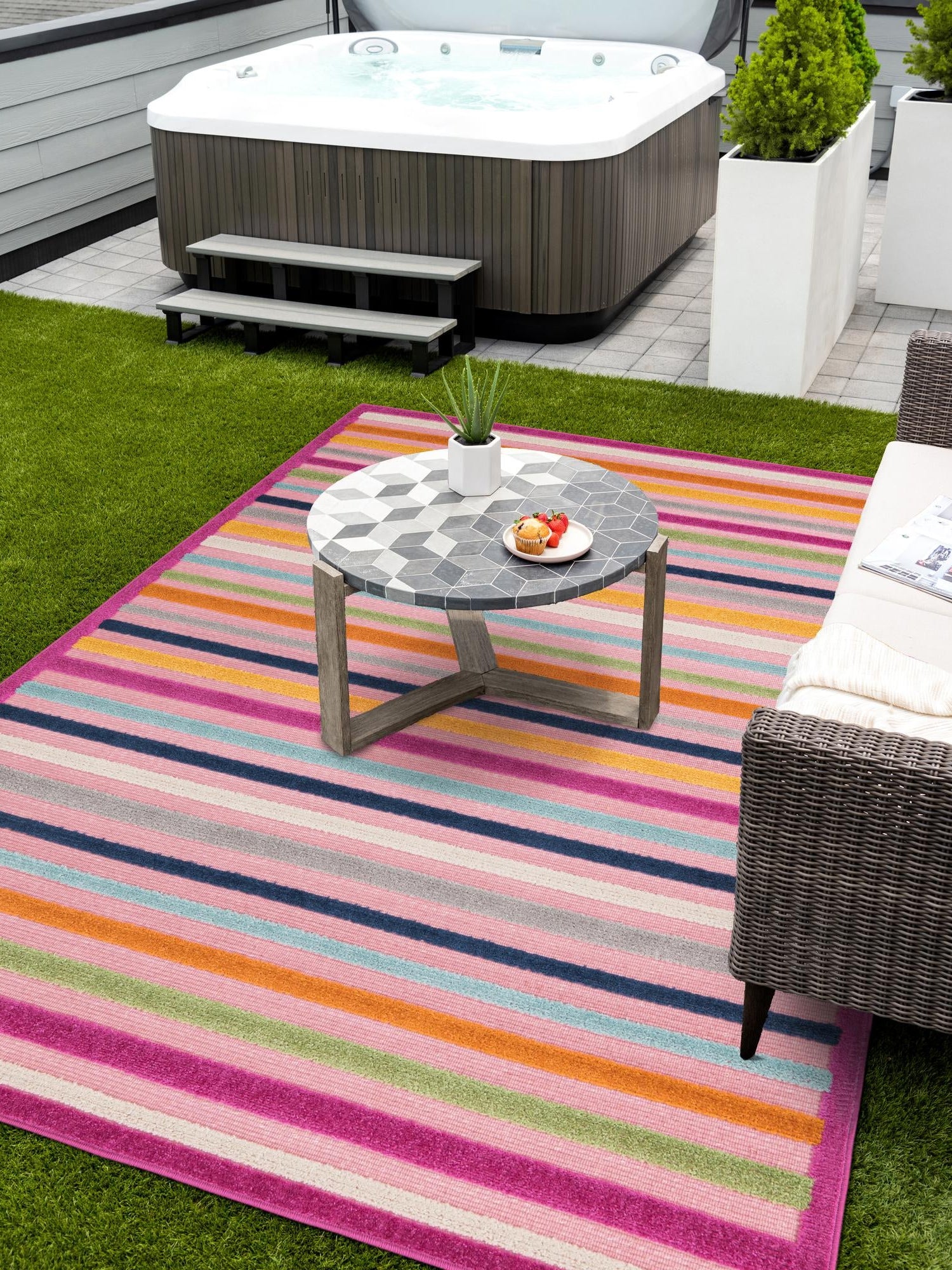 Pink 5' 3 x 8' Aruba Outdoor Rectangle Area Rug Weather Resistant for Patio, Deck, Terrace, Balcony, Porch for Sale at Rug Engine