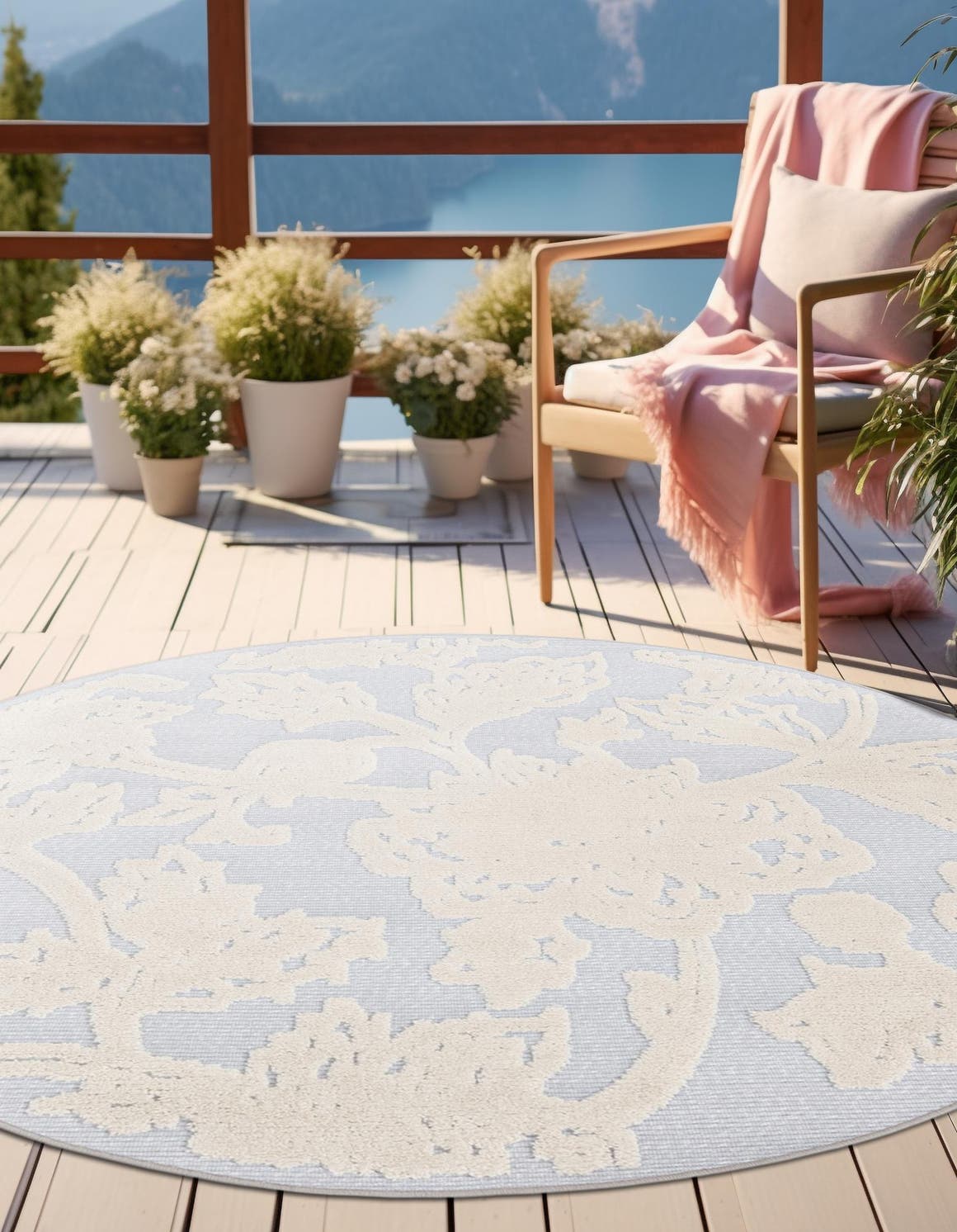 Gray 5' 3 x 5' 3 Aruba Outdoor Round Area Rug Weather Resistant for Patio, Deck, Terrace, Balcony, Porch for Sale at Rug Engine