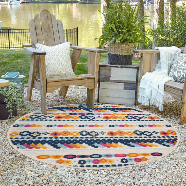 Gray 5' 3 x 5' 3 Aruba Outdoor Round Area Rug Weather Resistant for Patio, Deck, Terrace, Balcony, Porch for Sale at Rug Engine