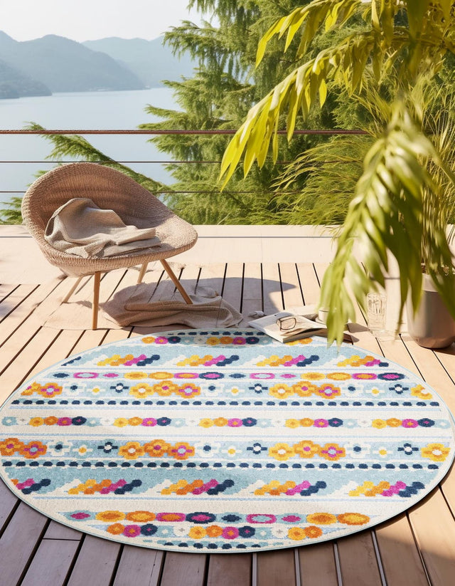 Blue 5' 3 x 5' 3 Aruba Outdoor Round Area Rug Weather Resistant for Patio, Deck, Terrace, Balcony, Porch for Sale at Rug Engine