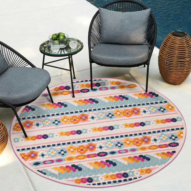 Pink 3' 3 x 3' 3 Aruba Outdoor Round Area Rug Weather Resistant for Patio, Deck, Terrace, Balcony, Porch for Sale at Rug Engine