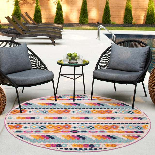 Pink 5' 3 x 5' 3 Aruba Outdoor Round Area Rug Weather Resistant for Patio, Deck, Terrace, Balcony, Porch for Sale at Rug Engine