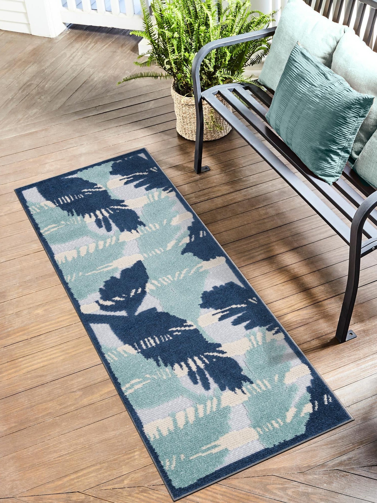 Gray Blue 2' x 10' Aruba Outdoor Runner Area Rug Weather Resistant for Patio, Deck, Terrace, Balcony, Porch for Sale at Rug Engine