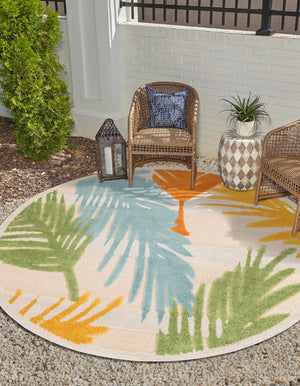 Beige 5' 3 x 5' 3 Aruba Outdoor Round Area Rug Weather Resistant for Patio, Deck, Terrace, Balcony, Porch for Sale at Rug Engine