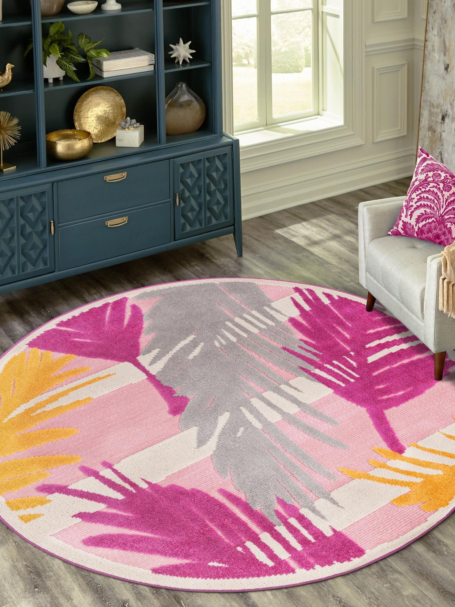 Pink 5' 3 x 5' 3 Aruba Outdoor Round Area Rug Weather Resistant for Patio, Deck, Terrace, Balcony, Porch for Sale at Rug Engine