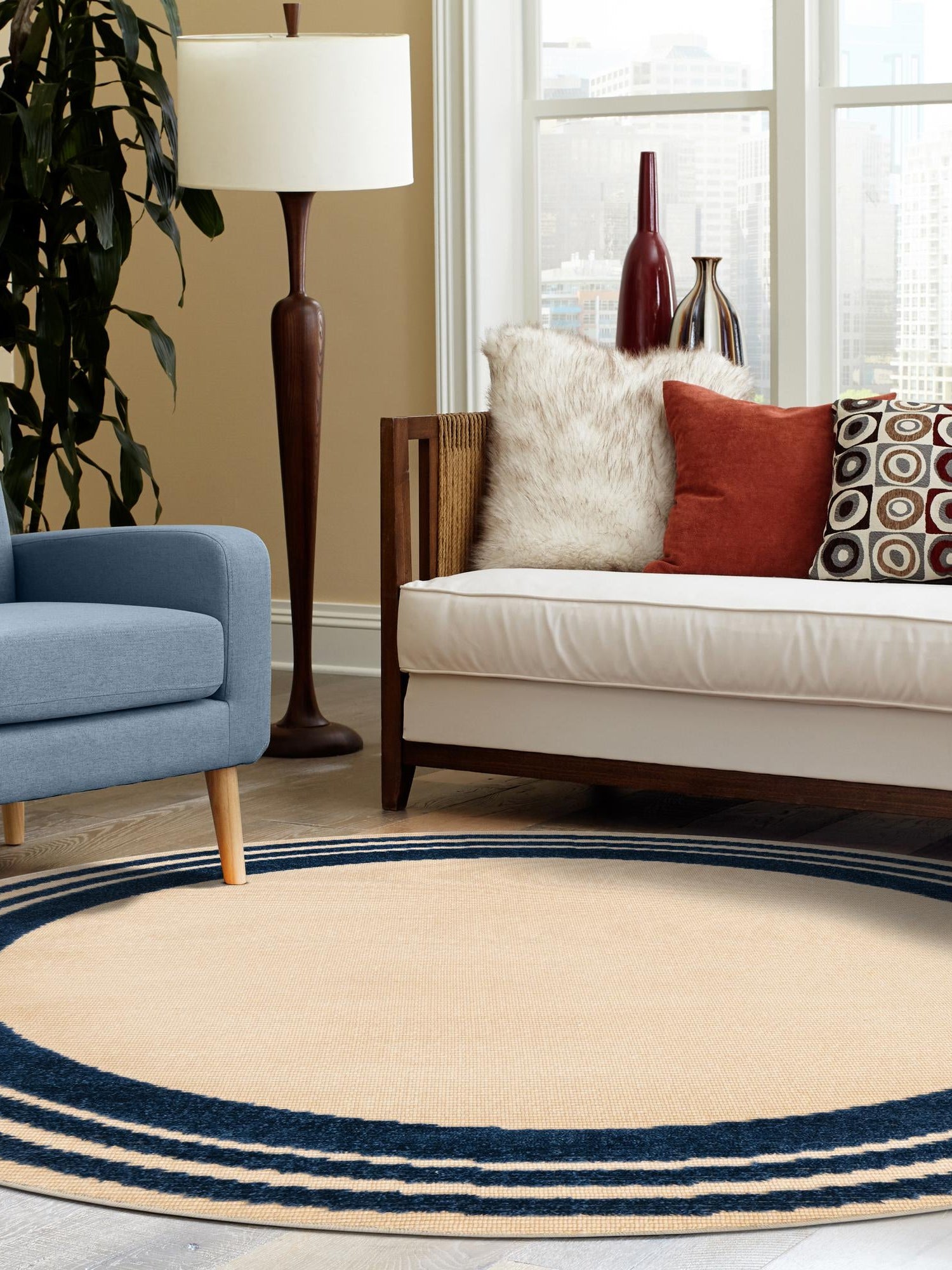 Beige 5' 3 x 5' 3 Aruba Outdoor Round Area Rug Weather Resistant for Patio, Deck, Terrace, Balcony, Porch for Sale at Rug Engine