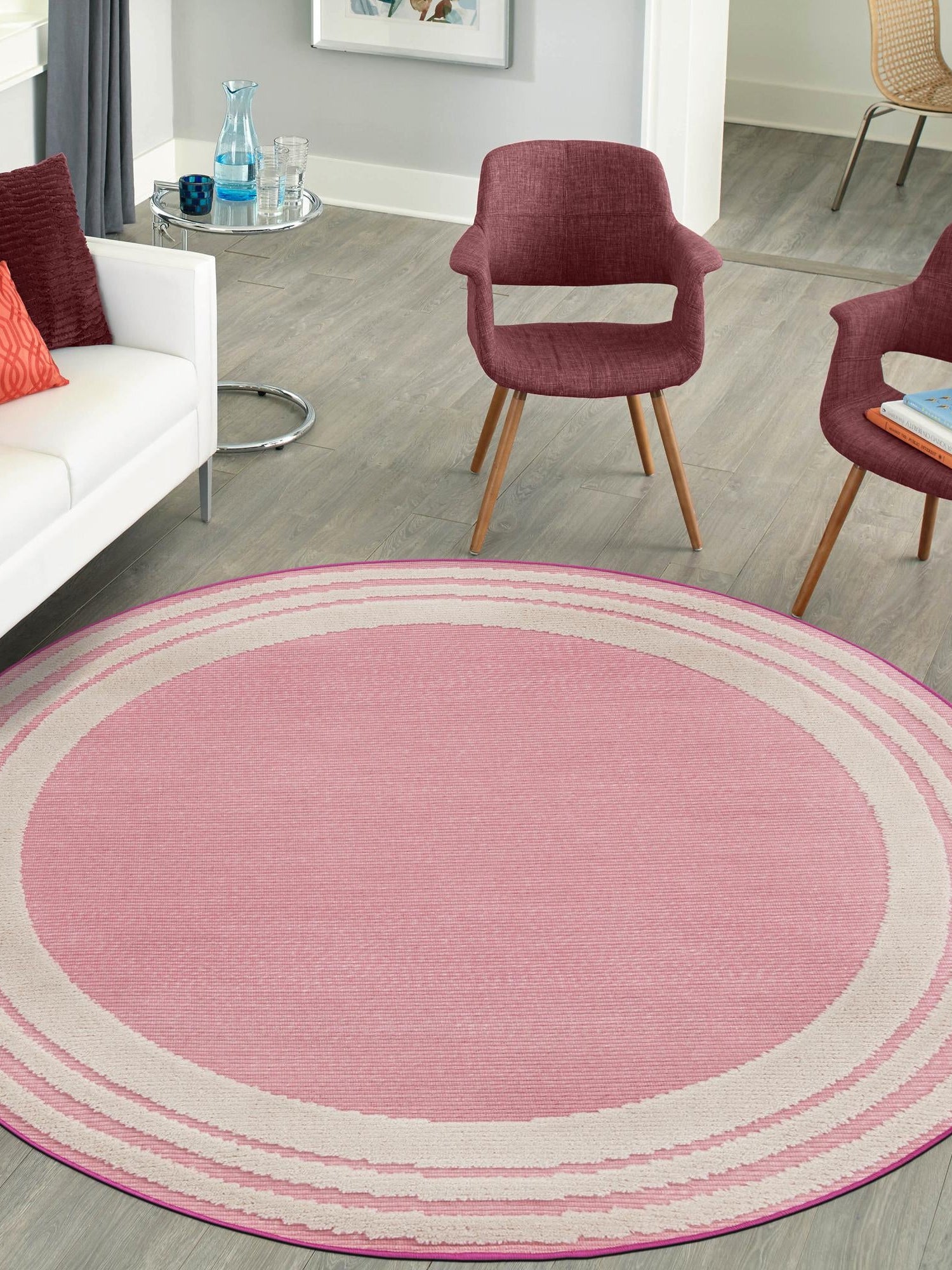 Pink 5' 3 x 5' 3 Aruba Outdoor Round Area Rug Weather Resistant for Patio, Deck, Terrace, Balcony, Porch for Sale at Rug Engine