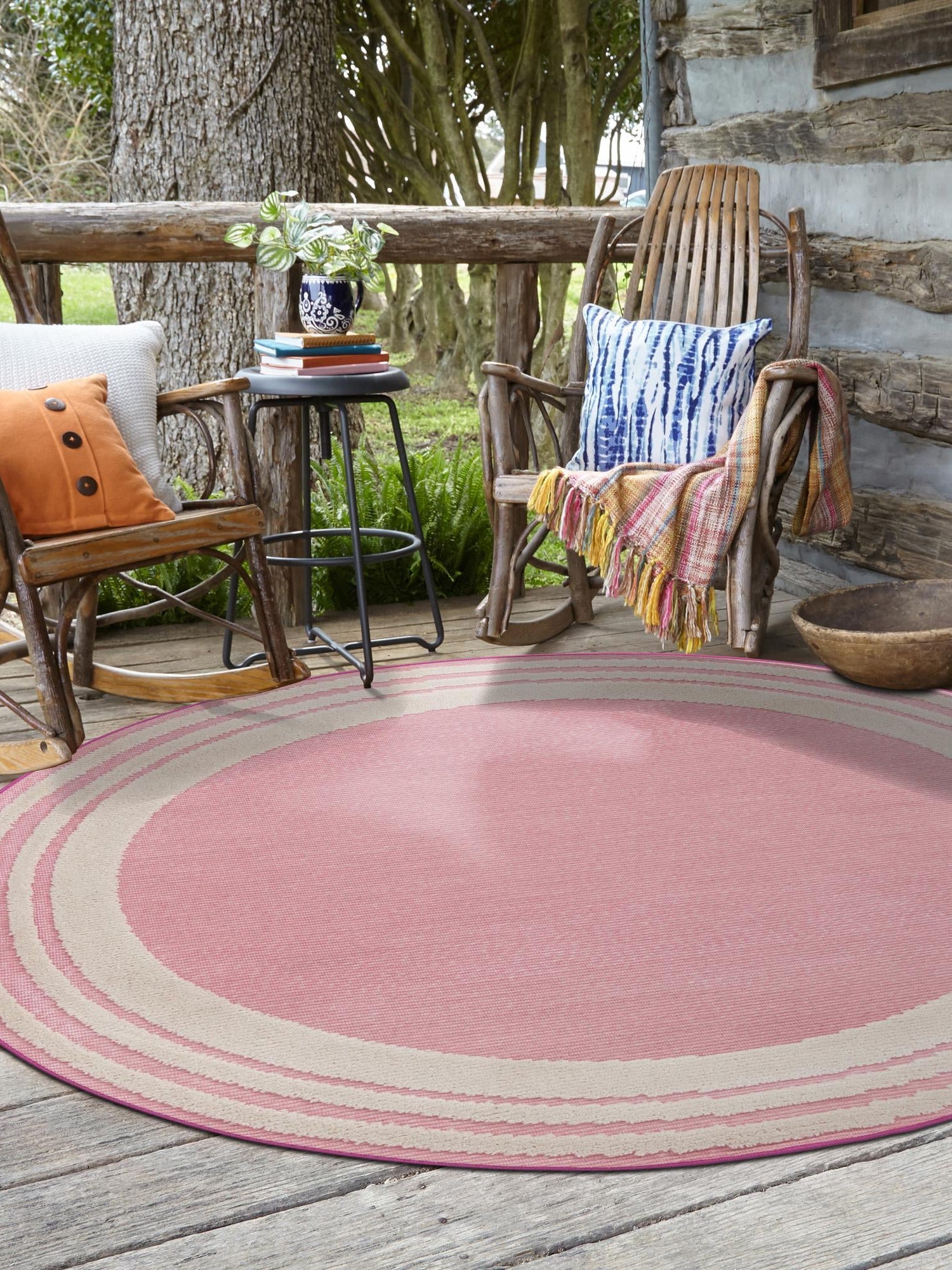Pink 5' 3 x 5' 3 Aruba Outdoor Round Area Rug Weather Resistant for Patio, Deck, Terrace, Balcony, Porch for Sale at Rug Engine