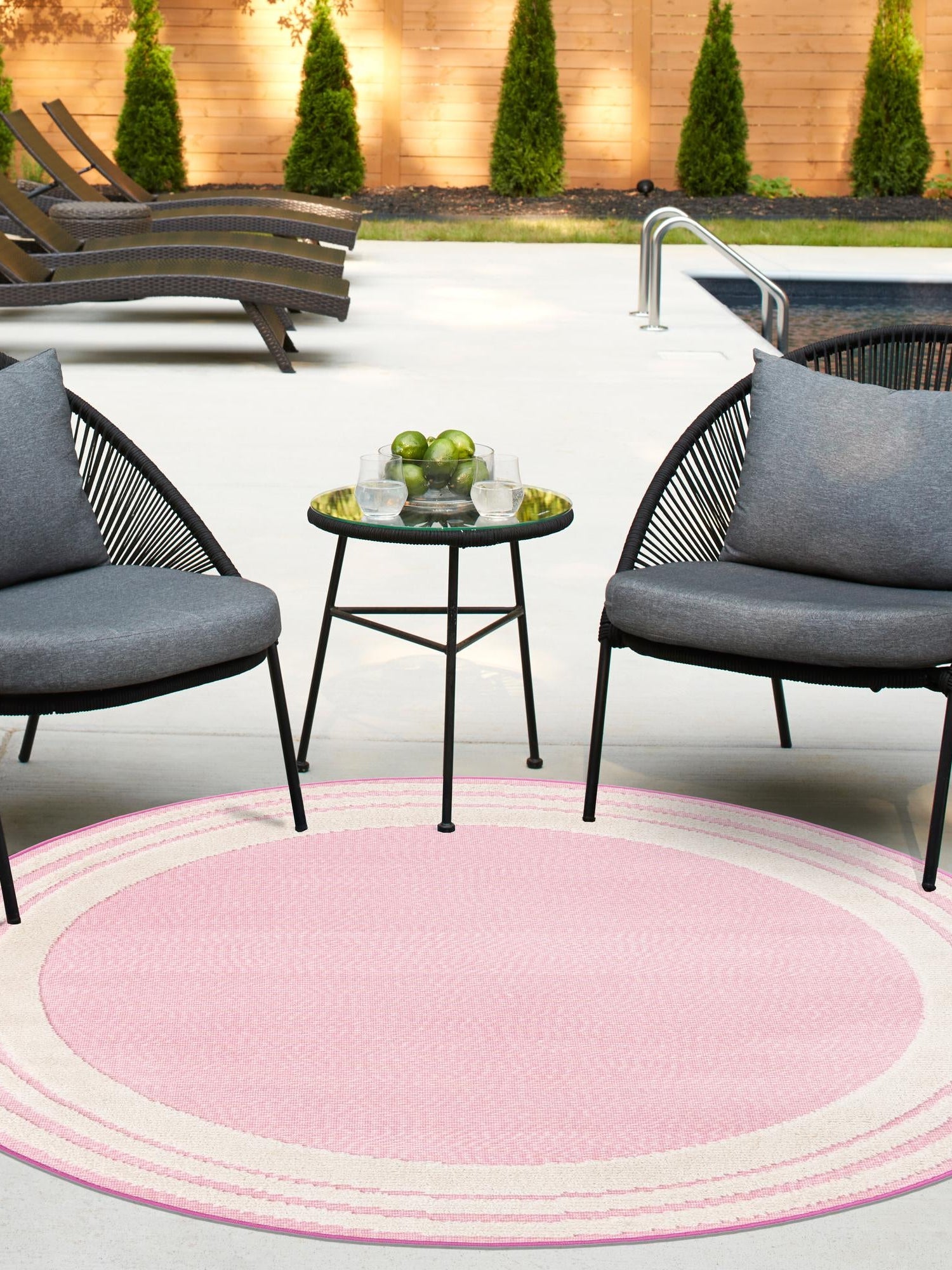 Pink 5' 3 x 5' 3 Aruba Outdoor Round Area Rug Weather Resistant for Patio, Deck, Terrace, Balcony, Porch for Sale at Rug Engine