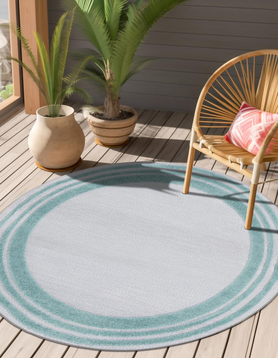 Gray Teal 5' 3 x 5' 3 Aruba Outdoor Round Area Rug Weather Resistant for Patio, Deck, Terrace, Balcony, Porch for Sale at Rug Engine