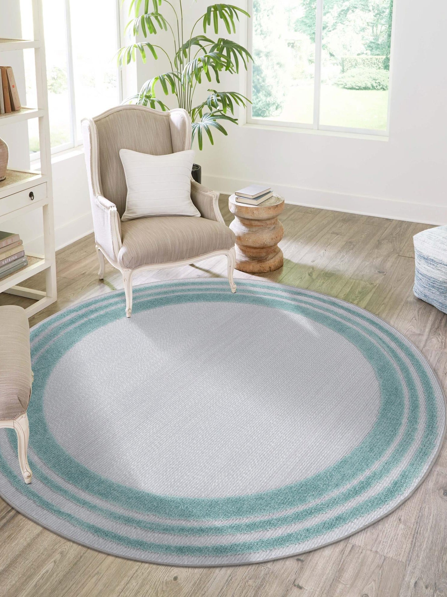 Gray Teal 3' 3 x 3' 3 Aruba Outdoor Round Area Rug Weather Resistant for Patio, Deck, Terrace, Balcony, Porch for Sale at Rug Engine