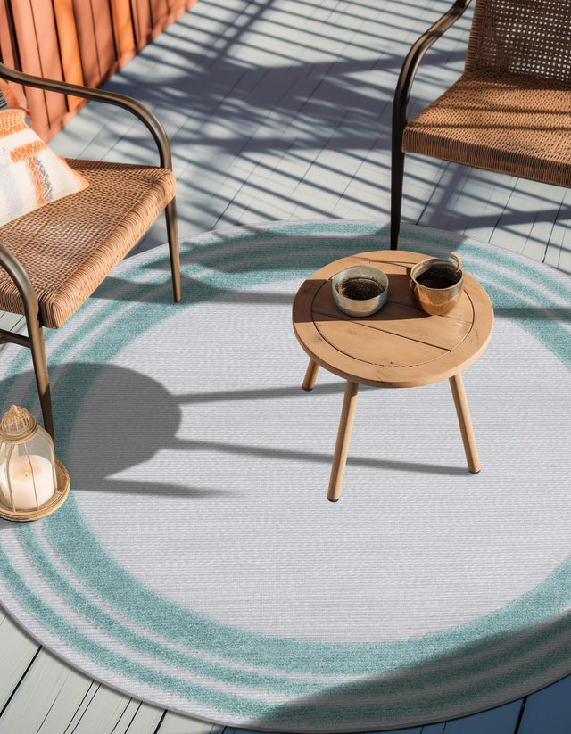 Gray Teal 5' 3 x 5' 3 Aruba Outdoor Round Area Rug Weather Resistant for Patio, Deck, Terrace, Balcony, Porch for Sale at Rug Engine