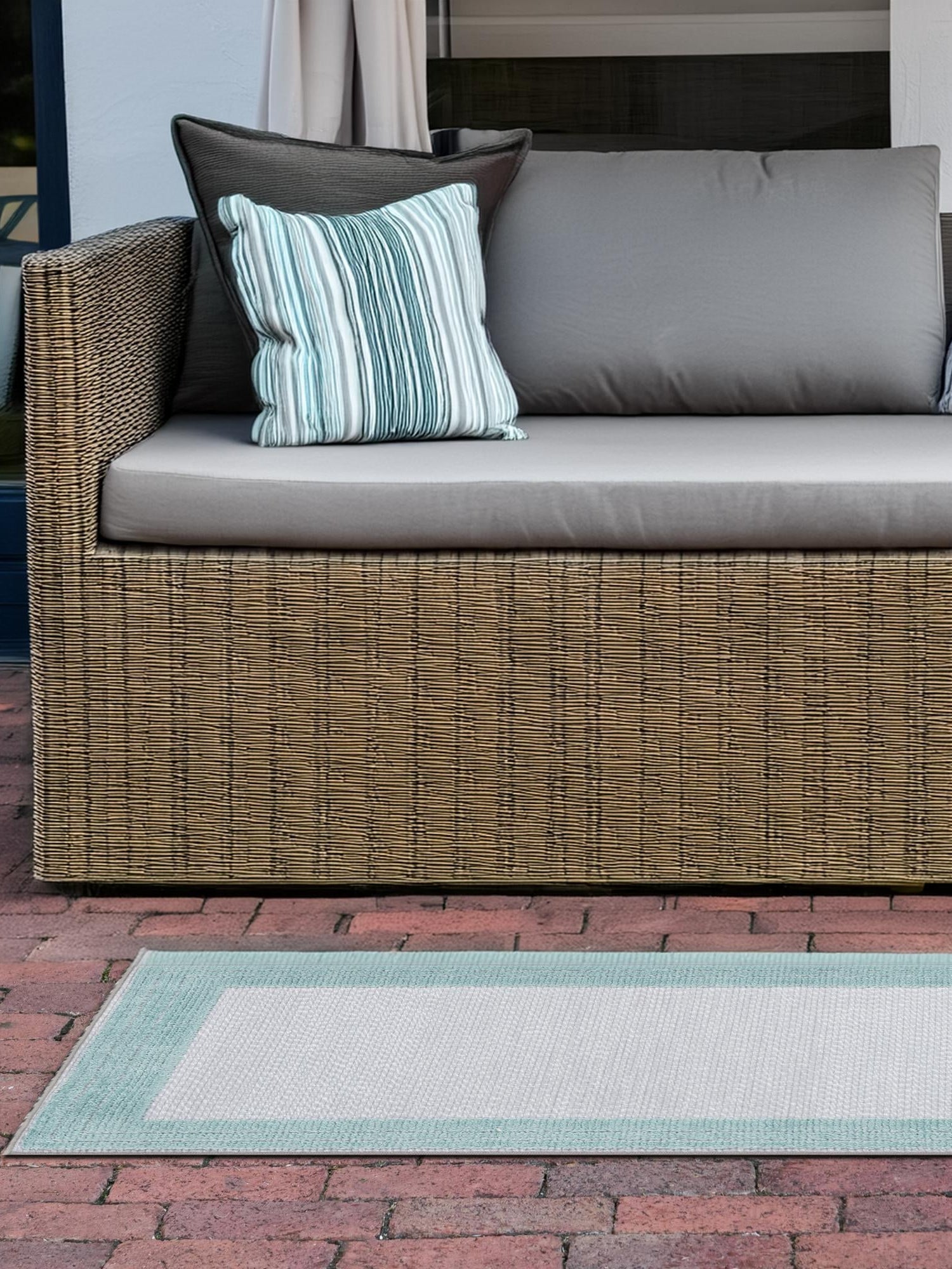 Gray Teal 2' x 6' Aruba Outdoor Runner Area Rug Weather Resistant for Patio, Deck, Terrace, Balcony, Porch for Sale at Rug Engine