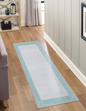 Gray Teal 2' x 10' Aruba Outdoor Runner Area Rug Weather Resistant for Patio, Deck, Terrace, Balcony, Porch for Sale at Rug Engine
