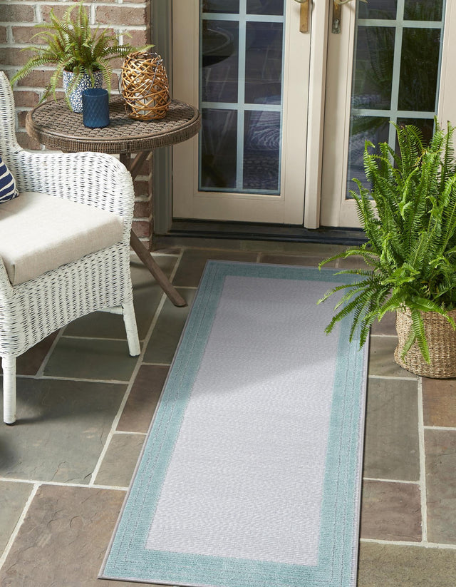 Gray Teal 2' x 8' Aruba Outdoor Runner Area Rug Weather Resistant for Patio, Deck, Terrace, Balcony, Porch for Sale at Rug Engine