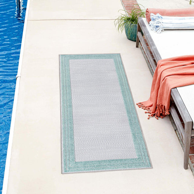 Gray Teal 2' x 8' Aruba Outdoor Runner Area Rug Weather Resistant for Patio, Deck, Terrace, Balcony, Porch for Sale at Rug Engine