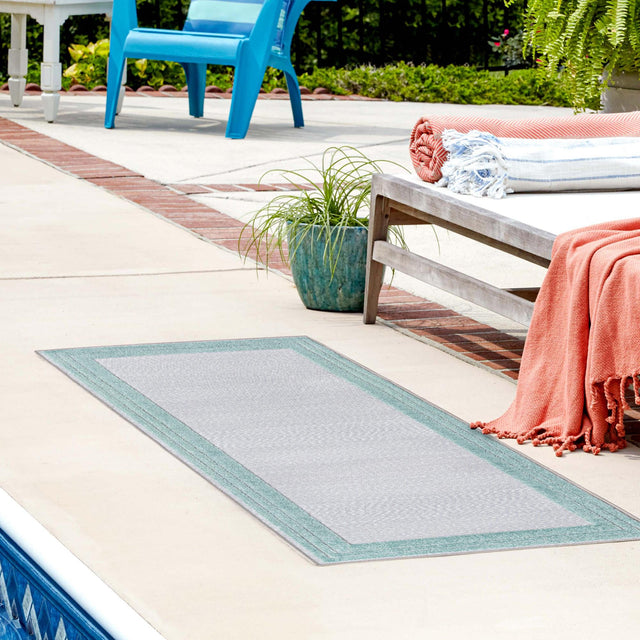 Gray Teal 2' x 8' Aruba Outdoor Runner Area Rug Weather Resistant for Patio, Deck, Terrace, Balcony, Porch for Sale at Rug Engine