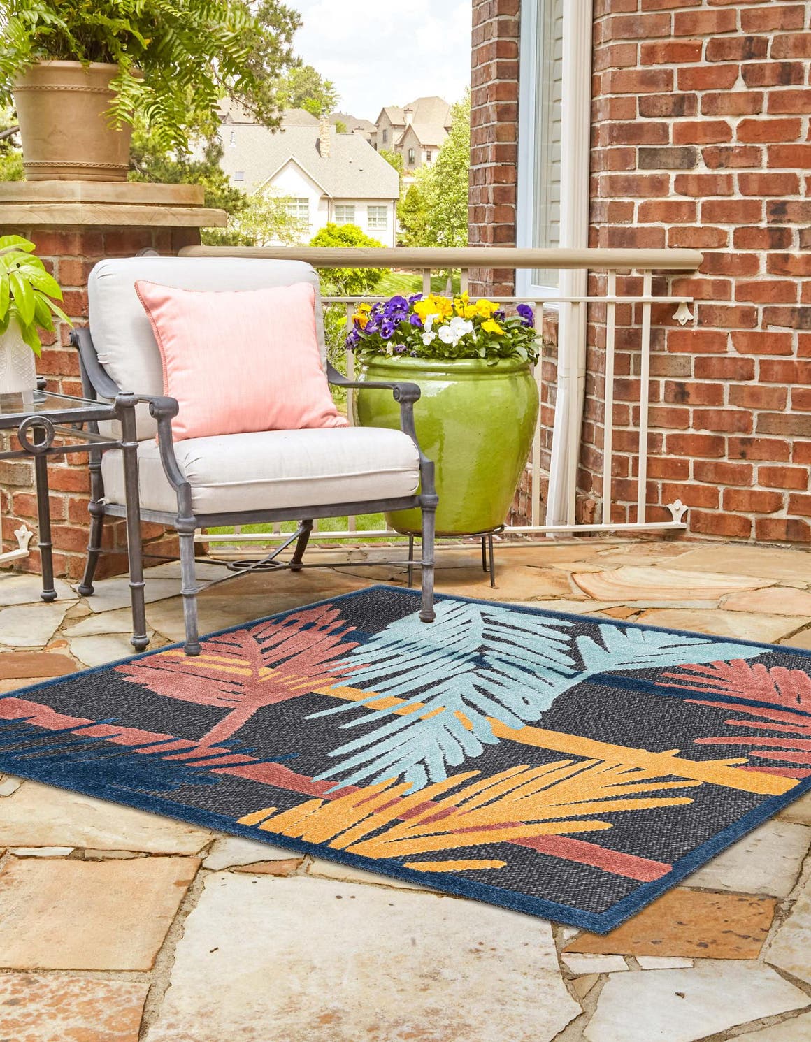 Charcoal 5' 3 x 5' 3 Belize Outdoor Square Area Rug Weather Resistant for Patio, Deck, Terrace, Balcony, Porch 100% Polypropylene Colorful Fun Coastal Modern Carpet for Outside for Sale at Rug Engine