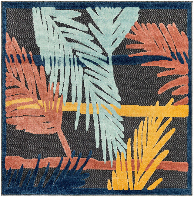 Charcoal 5' 3 x 5' 3 Belize Outdoor Square Area Rug Weather Resistant for Patio, Deck, Terrace, Balcony, Porch 100% Polypropylene Colorful Fun Coastal Modern Carpet for Outside for Sale at Rug Engine