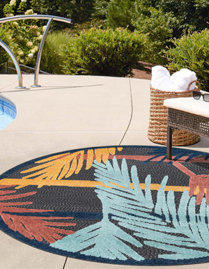 Charcoal 3' 3 x 3' 3 Belize Outdoor Round Area Rug Weather Resistant for Patio, Deck, Terrace, Balcony, Porch 100% Polypropylene Colorful Fun Coastal Modern Carpet for Outside for Sale at Rug Engine