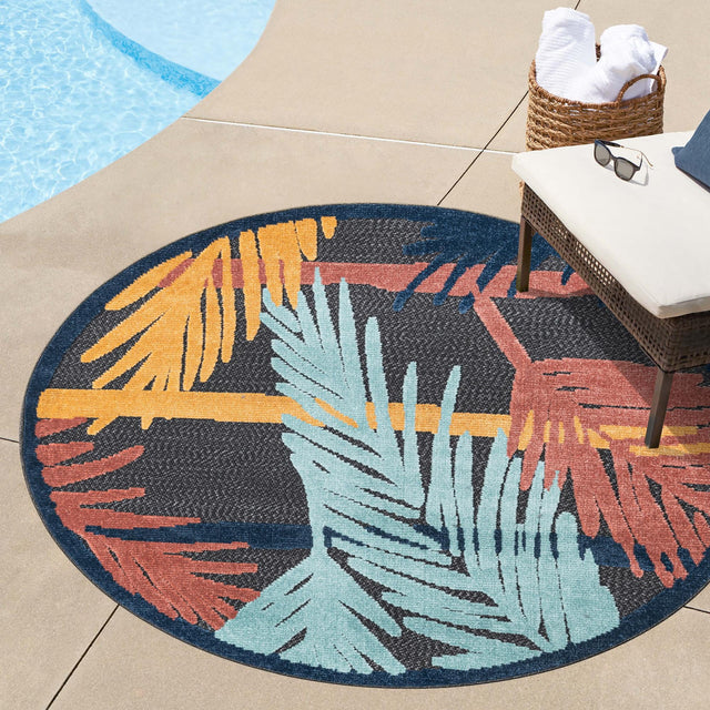 Charcoal 3' 3 x 3' 3 Belize Outdoor Round Area Rug Weather Resistant for Patio, Deck, Terrace, Balcony, Porch 100% Polypropylene Colorful Fun Coastal Modern Carpet for Outside for Sale at Rug Engine