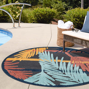 Charcoal 3' 3 x 3' 3 Belize Outdoor Round Area Rug Weather Resistant for Patio, Deck, Terrace, Balcony, Porch 100% Polypropylene Colorful Fun Coastal Modern Carpet for Outside for Sale at Rug Engine