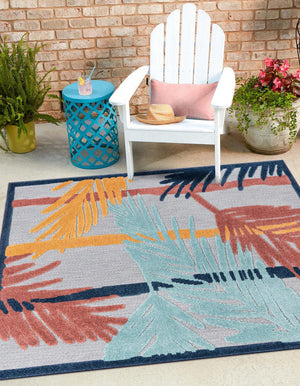 Gray 5' 3 x 5' 3 Belize Outdoor Square Area Rug Weather Resistant for Patio, Deck, Terrace, Balcony, Porch 100% Polypropylene Colorful Fun Coastal Modern Carpet for Outside for Sale at Rug Engine