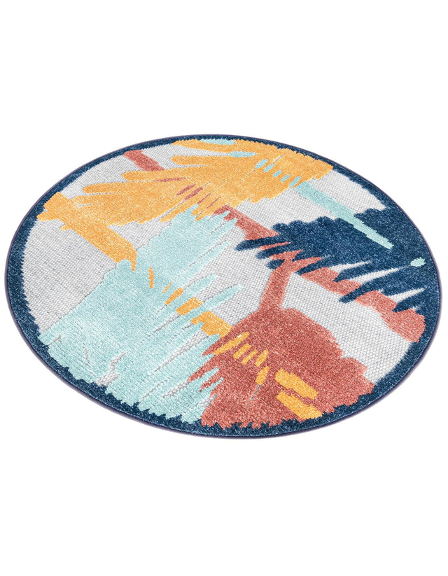 Gray 3' 3 x 3' 3 Belize Outdoor Round Area Rug Weather Resistant for Patio, Deck, Terrace, Balcony, Porch 100% Polypropylene Colorful Fun Coastal Modern Carpet for Outside for Sale at Rug Engine