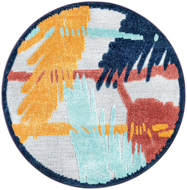 Gray 3' 3 x 3' 3 Belize Outdoor Round Area Rug Weather Resistant for Patio, Deck, Terrace, Balcony, Porch 100% Polypropylene Colorful Fun Coastal Modern Carpet for Outside for Sale at Rug Engine