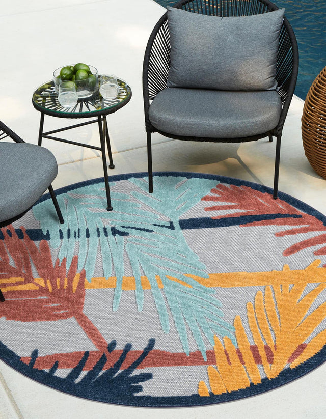 Gray 5' 3 x 5' 3 Belize Outdoor Round Area Rug Weather Resistant for Patio, Deck, Terrace, Balcony, Porch 100% Polypropylene Colorful Fun Coastal Modern Carpet for Outside for Sale at Rug Engine