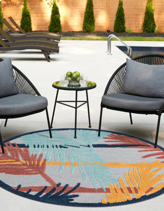 Gray 3' 3 x 3' 3 Belize Outdoor Round Area Rug Weather Resistant for Patio, Deck, Terrace, Balcony, Porch 100% Polypropylene Colorful Fun Coastal Modern Carpet for Outside for Sale at Rug Engine
