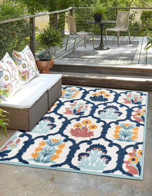 Ivory 9' x 12' Belize Outdoor Rectangle Area Rug Weather Resistant for Patio, Deck, Terrace, Balcony, Porch 100% Polypropylene Colorful Fun Coastal Modern Carpet for Outside for Sale at Rug Engine