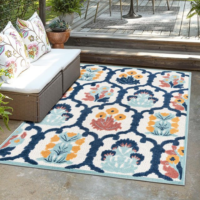 Ivory 7' x 10' Belize Outdoor Rectangle Area Rug Weather Resistant for Patio, Deck, Terrace, Balcony, Porch 100% Polypropylene Colorful Fun Coastal Modern Carpet for Outside for Sale at Rug Engine