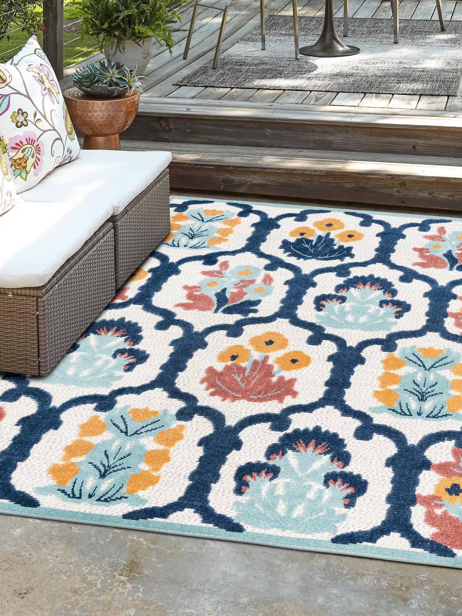 Ivory 7' 10 x 10' Belize Outdoor Rectangle Area Rug Weather Resistant for Patio, Deck, Terrace, Balcony, Porch 100% Polypropylene Colorful Fun Coastal Modern Carpet for Outside for Sale at Rug Engine