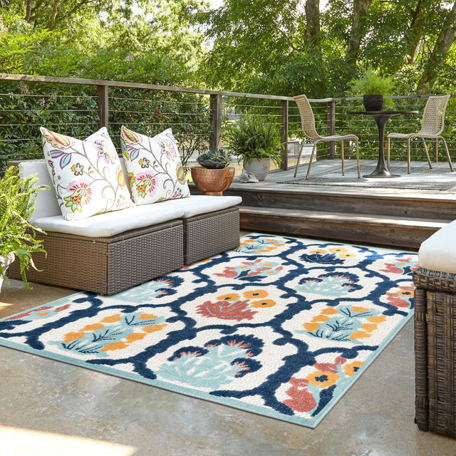 Ivory 6' x 9' Belize Outdoor Rectangle Area Rug Weather Resistant for Patio, Deck, Terrace, Balcony, Porch 100% Polypropylene Colorful Fun Coastal Modern Carpet for Outside for Sale at Rug Engine