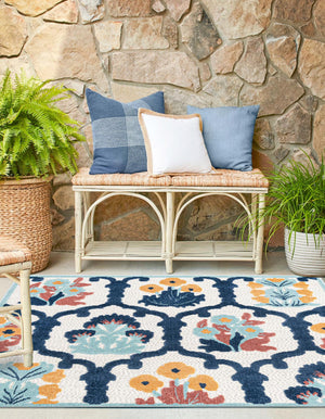Ivory 7' 10 x 7' 10 Belize Outdoor Square Area Rug Weather Resistant for Patio, Deck, Terrace, Balcony, Porch 100% Polypropylene Colorful Fun Coastal Modern Carpet for Outside for Sale at Rug Engine