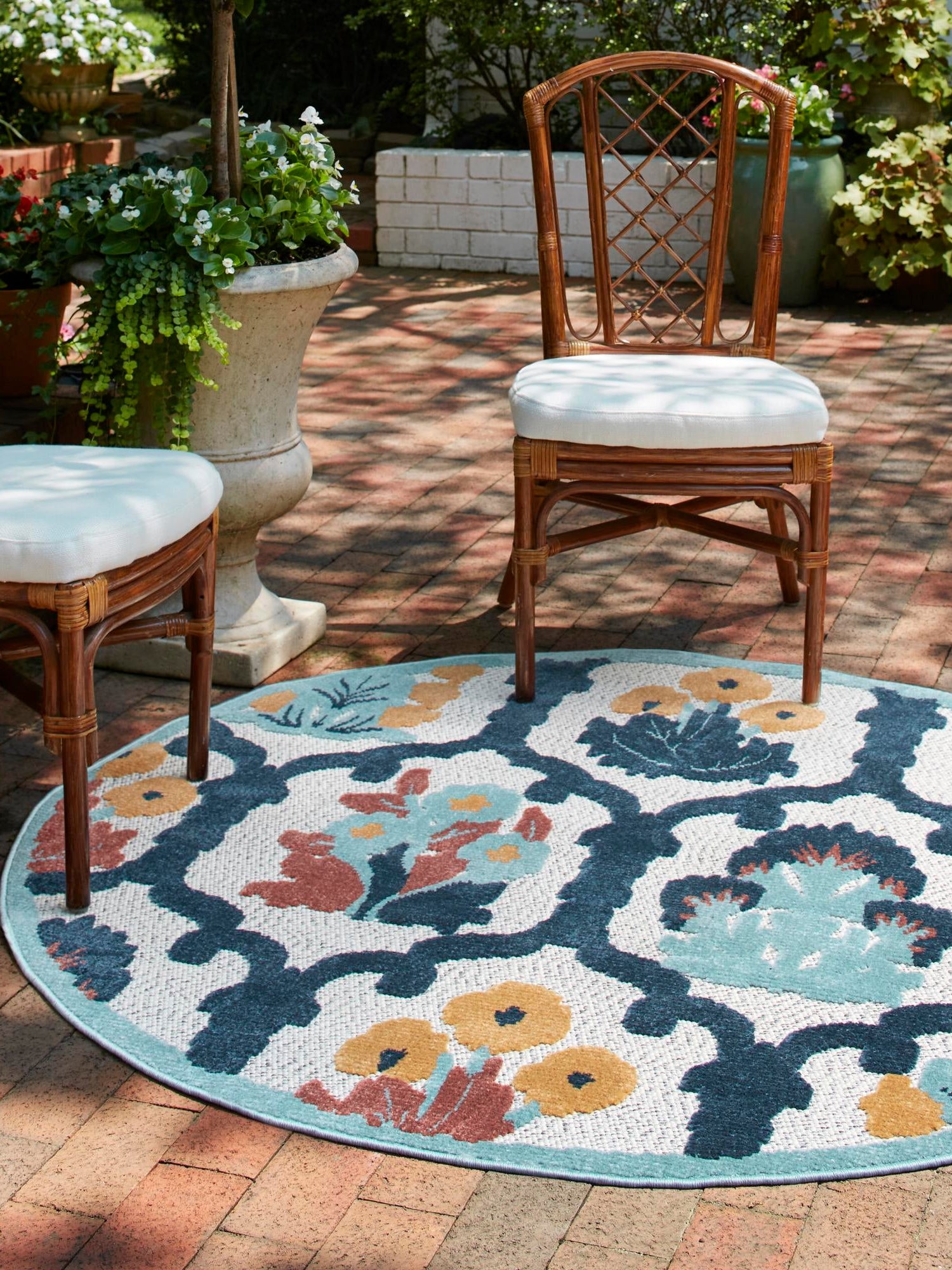 Ivory 3' 3 x 3' 3 Belize Outdoor Round Area Rug Weather Resistant for Patio, Deck, Terrace, Balcony, Porch 100% Polypropylene Colorful Fun Coastal Modern Carpet for Outside for Sale at Rug Engine