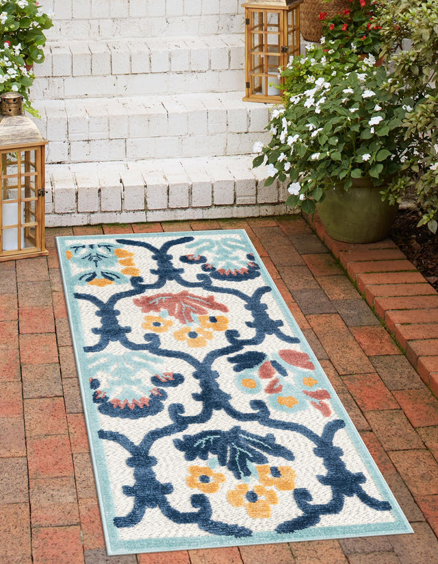 Ivory 2' x 8' Belize Outdoor Runner Area Rug Weather Resistant for Patio, Deck, Terrace, Balcony, Porch 100% Polypropylene Colorful Fun Coastal Modern Carpet for Outside for Sale at Rug Engine
