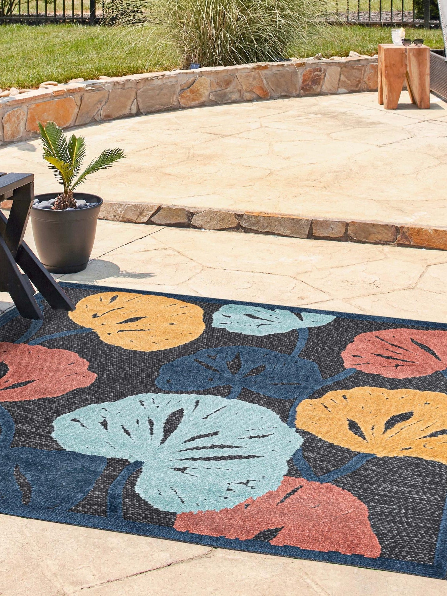 Charcoal 5' 3 x 5' 3 Belize Outdoor Square Area Rug Weather Resistant for Patio, Deck, Terrace, Balcony, Porch 100% Polypropylene Colorful Fun Coastal Modern Carpet for Outside for Sale at Rug Engine