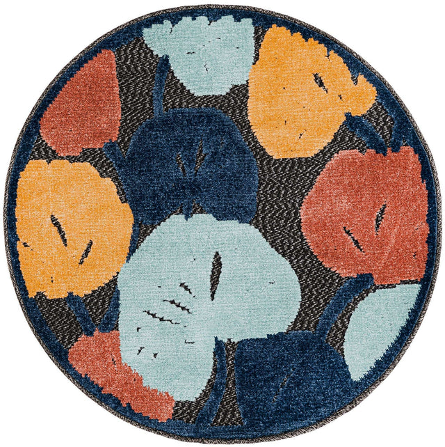 Charcoal 3' 3 x 3' 3 Belize Outdoor Round Area Rug Weather Resistant for Patio, Deck, Terrace, Balcony, Porch 100% Polypropylene Colorful Fun Coastal Modern Carpet for Outside for Sale at Rug Engine
