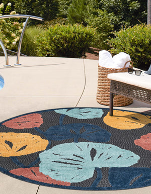 Charcoal 5' 3 x 5' 3 Belize Outdoor Round Area Rug Weather Resistant for Patio, Deck, Terrace, Balcony, Porch 100% Polypropylene Colorful Fun Coastal Modern Carpet for Outside for Sale at Rug Engine