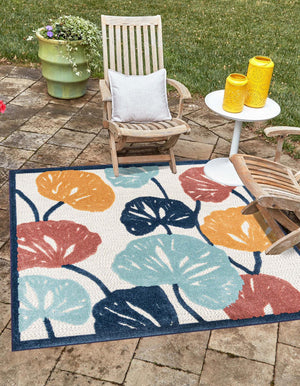 Ivory 5' 3 x 5' 3 Belize Outdoor Square Area Rug Weather Resistant for Patio, Deck, Terrace, Balcony, Porch 100% Polypropylene Colorful Fun Coastal Modern Carpet for Outside for Sale at Rug Engine