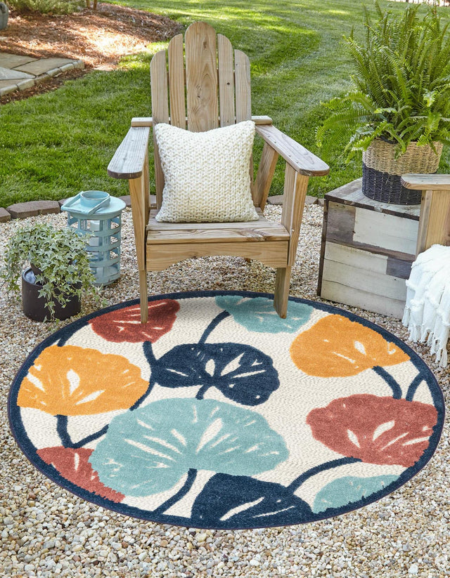 Ivory 3' 3 x 3' 3 Belize Outdoor Round Area Rug Weather Resistant for Patio, Deck, Terrace, Balcony, Porch 100% Polypropylene Colorful Fun Coastal Modern Carpet for Outside for Sale at Rug Engine