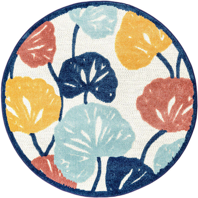 Ivory 5' 3 x 5' 3 Belize Outdoor Round Area Rug Weather Resistant for Patio, Deck, Terrace, Balcony, Porch 100% Polypropylene Colorful Fun Coastal Modern Carpet for Outside for Sale at Rug Engine