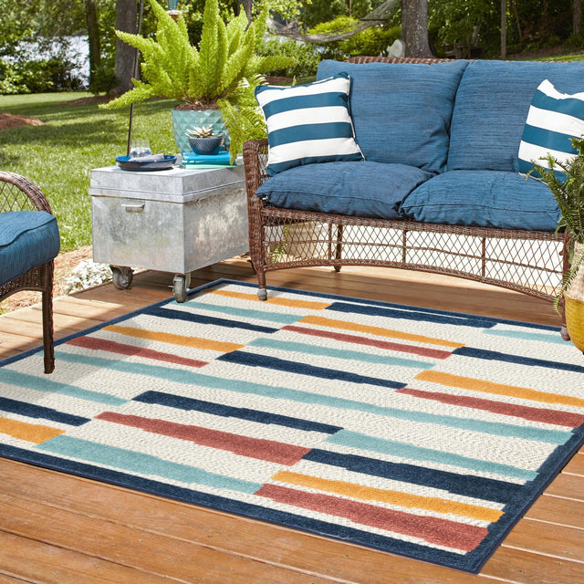 Ivory 7' 10 x 7' 10 Belize Outdoor Square Area Rug Weather Resistant for Patio, Deck, Terrace, Balcony, Porch 100% Polypropylene Colorful Fun Coastal Modern Carpet for Outside for Sale at Rug Engine