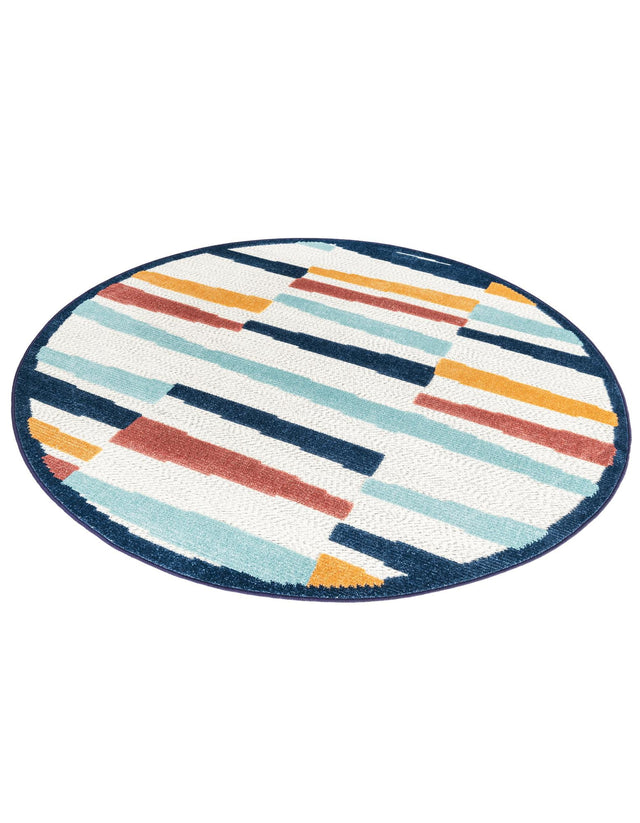 Ivory 5' 3 x 5' 3 Belize Outdoor Round Area Rug Weather Resistant for Patio, Deck, Terrace, Balcony, Porch 100% Polypropylene Colorful Fun Coastal Modern Carpet for Outside for Sale at Rug Engine