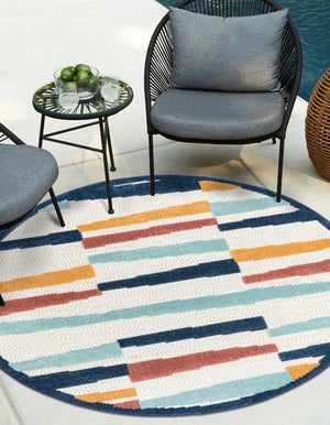 Ivory 5' 3 x 5' 3 Belize Outdoor Round Area Rug Weather Resistant for Patio, Deck, Terrace, Balcony, Porch 100% Polypropylene Colorful Fun Coastal Modern Carpet for Outside for Sale at Rug Engine
